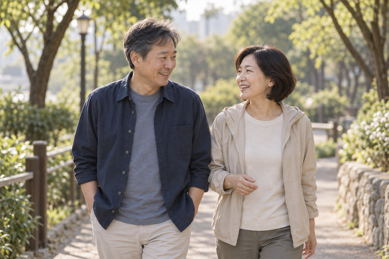 공원을 함께 걸으며 이야기를 나누는 중년 부부의 일상을 표현한 이미지